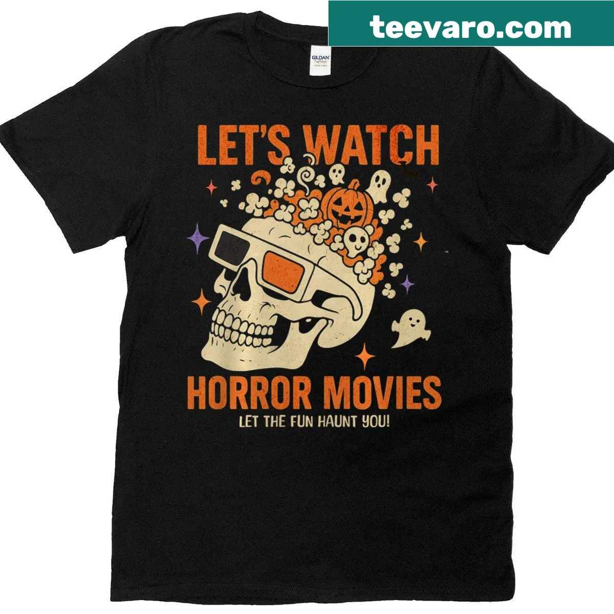 T-shirt with skull and popcorn design for horror movie lovers — on a men's t-shirt