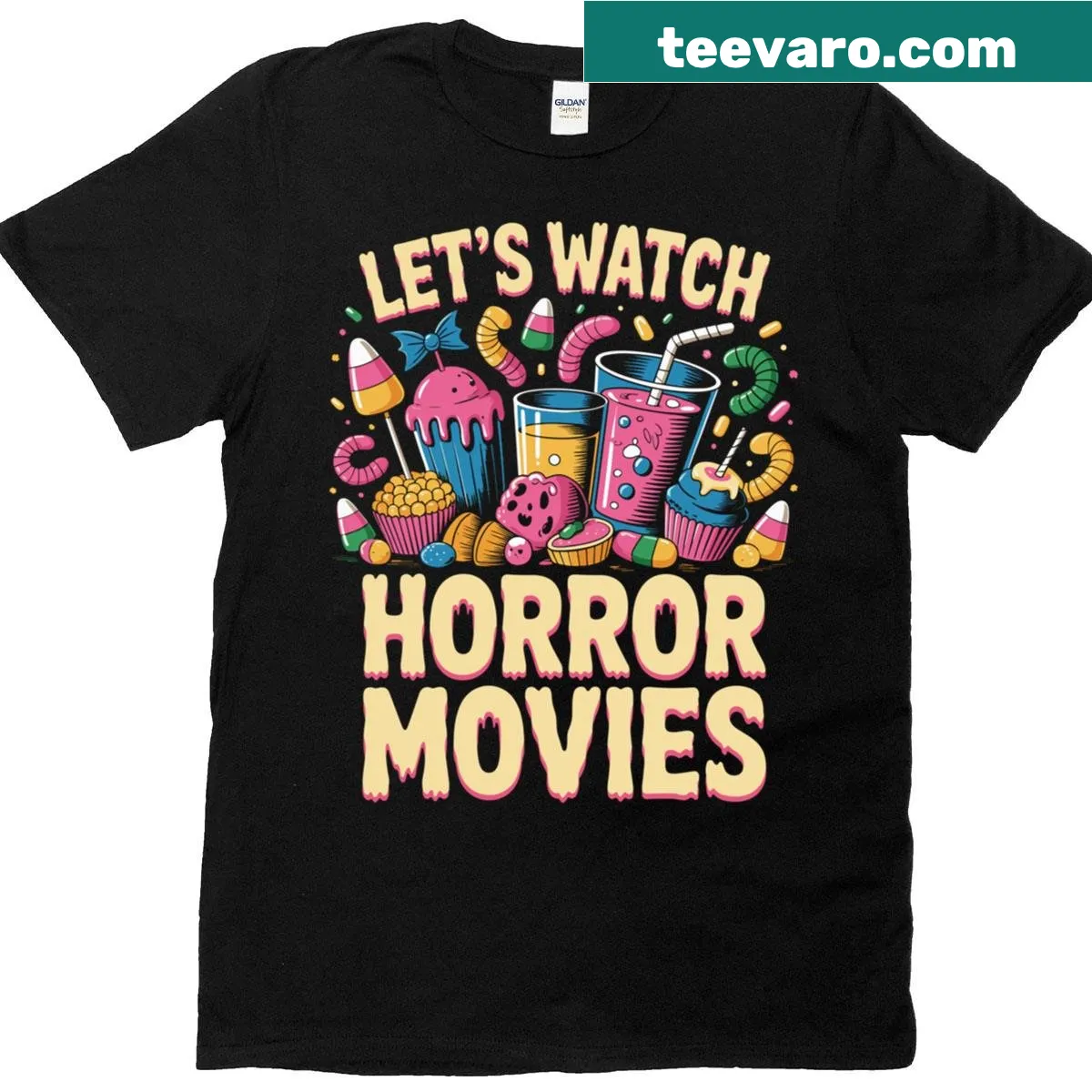 Playful t-shirt featuring Snack Squad and horror theme — on a men's t-shirt
