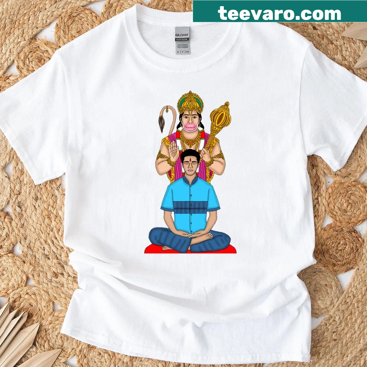 Artistic T-shirt of Lord Hanuman with devotee — on a men's t-shirt
