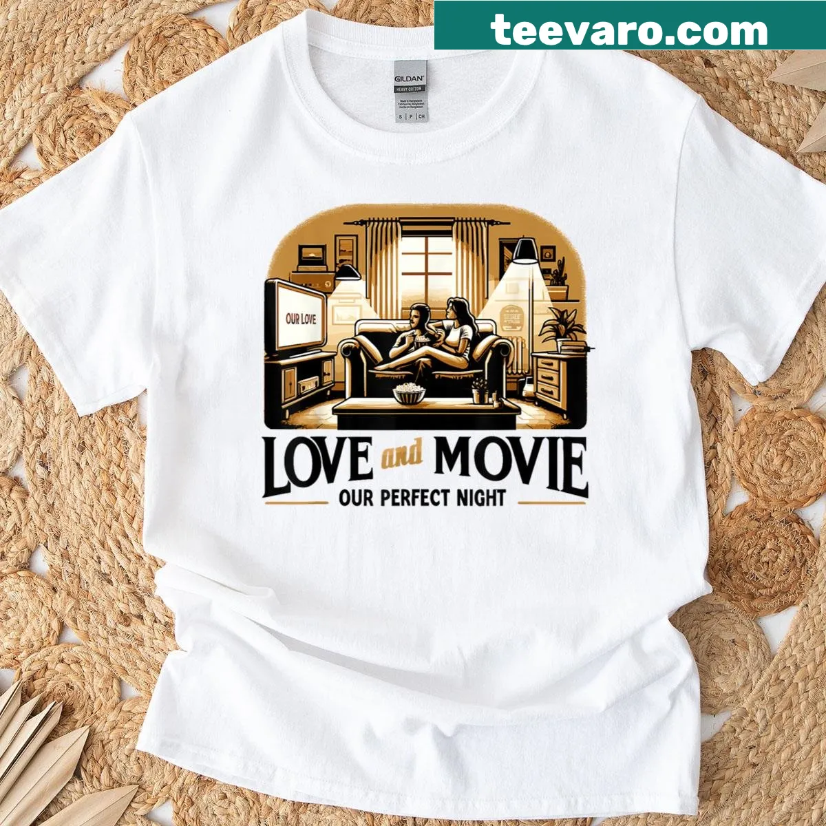 Couples matching T-shirt design celebrating love and movie nights. — on a men's t-shirt