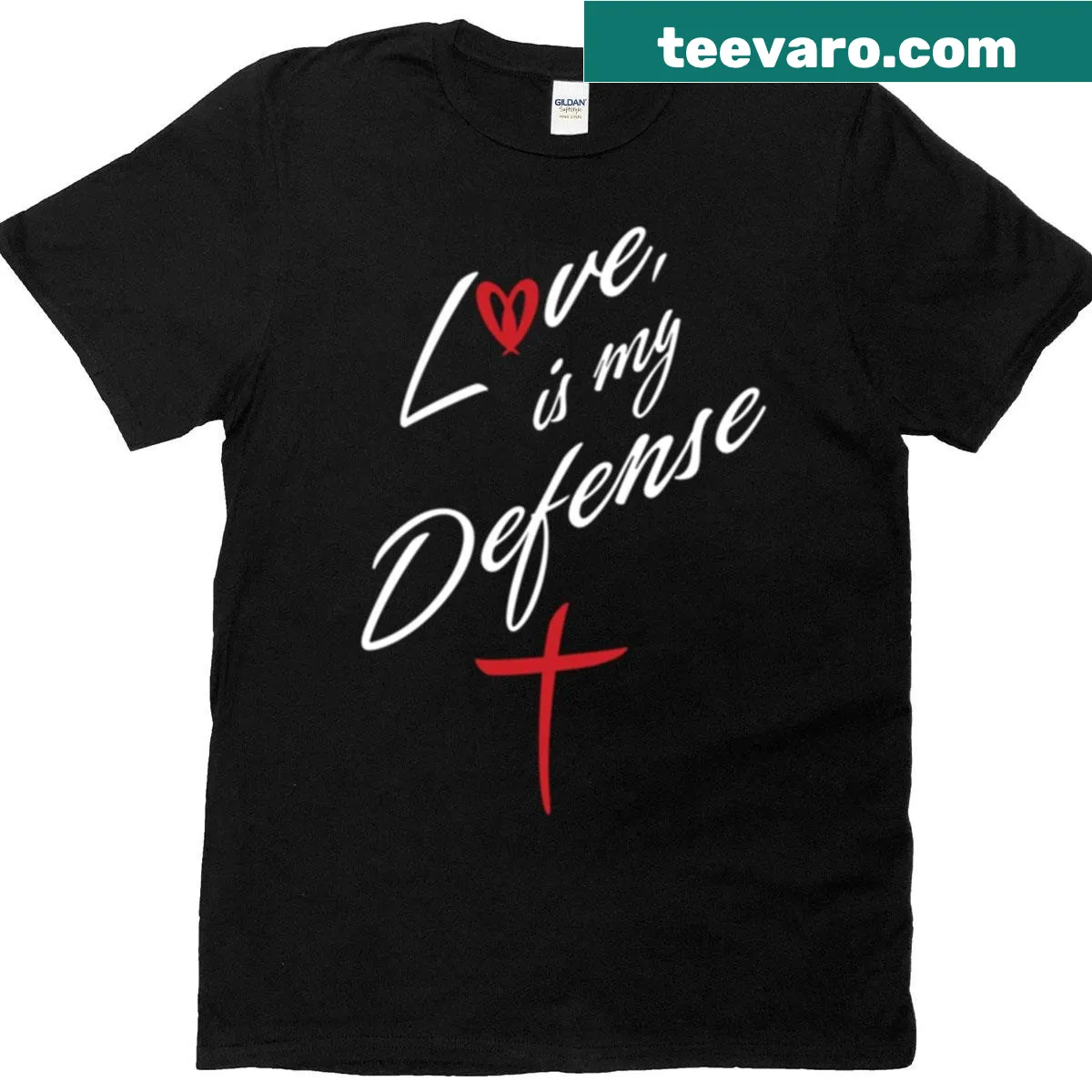 T-shirt with the phrase 'Love Is My Defense' in bold typography — on a men's t-shirt