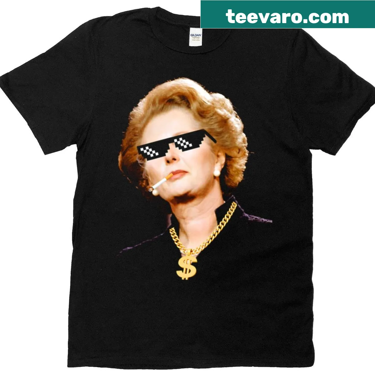 Graphic t-shirt with Margaret Thatcher and 'Thug Life' text — on a men's t-shirt