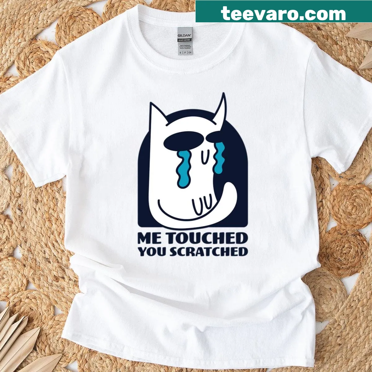 Funny T-shirt featuring a crying cat with humorous text — on a men's t-shirt