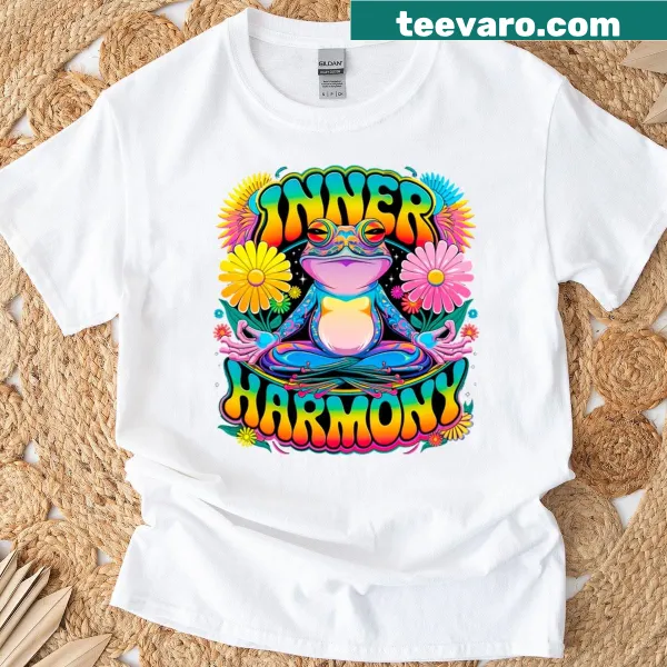 Cartoon graphic T-shirt featuring a meditating frog.