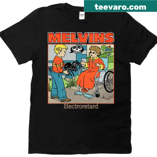 Cartoon art of boy, girl, and spider from Melvins on T-shirt