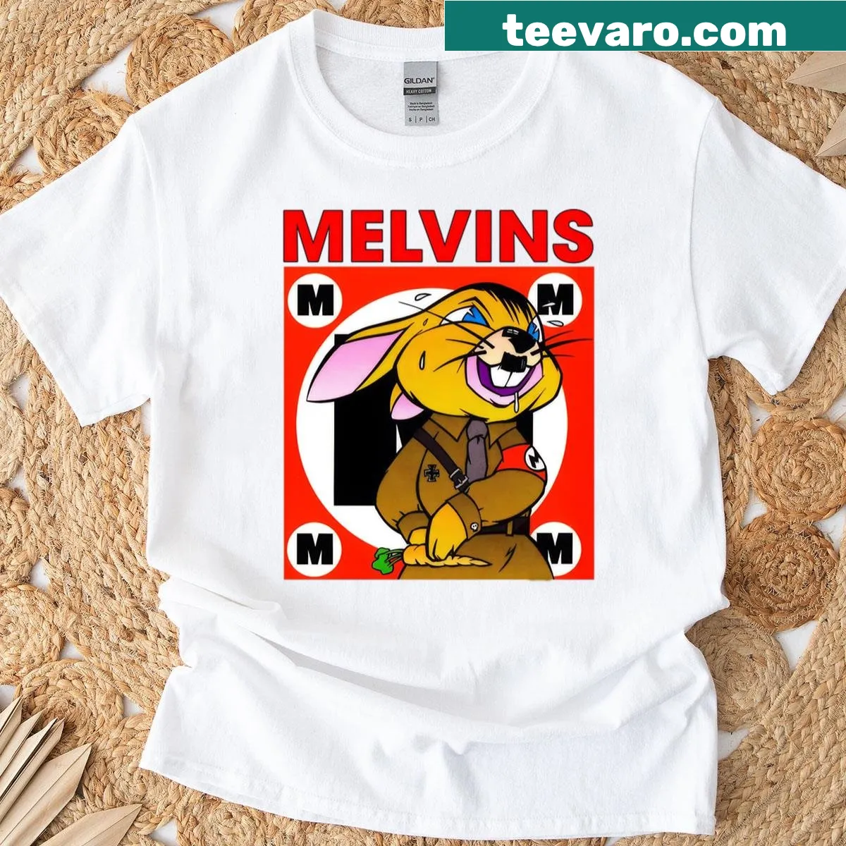 Cartoon-style t-shirt featuring a funny rabbit design associated with the Melvins band. — on a men's t-shirt
