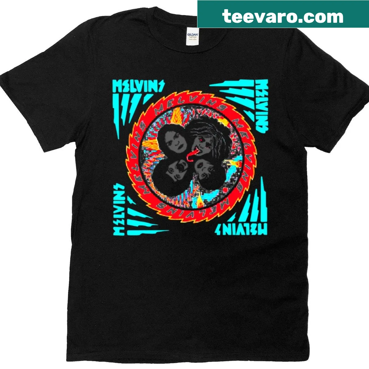 Artwork honoring Melvins band members on a rock-themed t-shirt — on a men's t-shirt