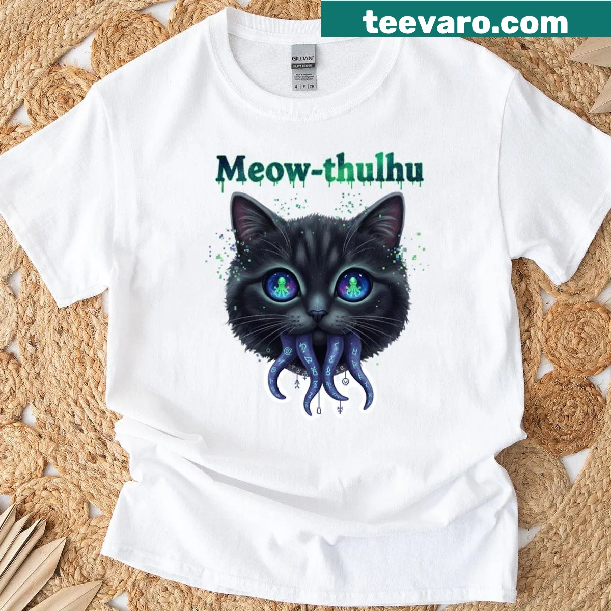 Cartoon cat Cthulhu design on a Halloween-themed T-shirt — on a men's t-shirt