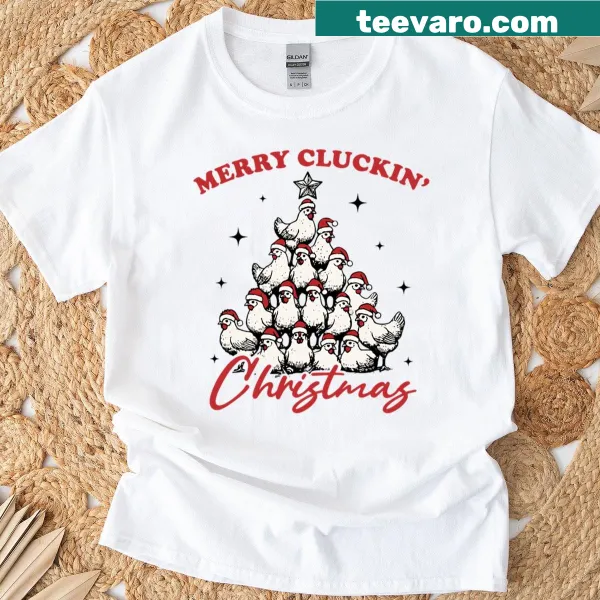 Funny text design with 'Merry Cluckin' Christmas' on a t-shirt