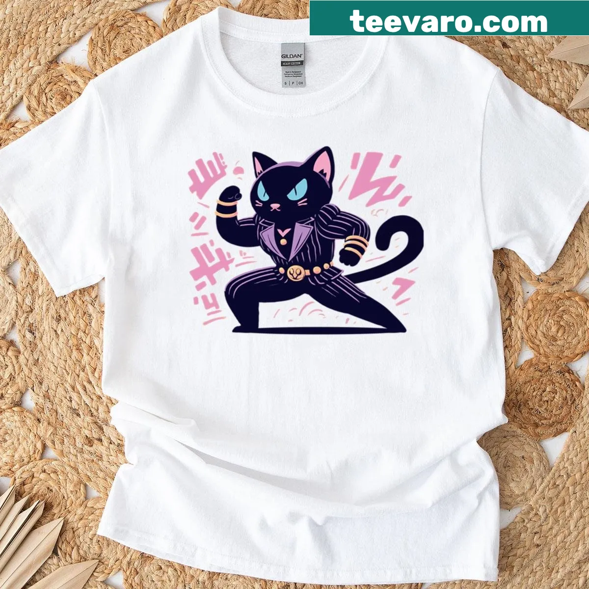 Illustration of a cat with pinstripes on a t-shirt — on a men's t-shirt