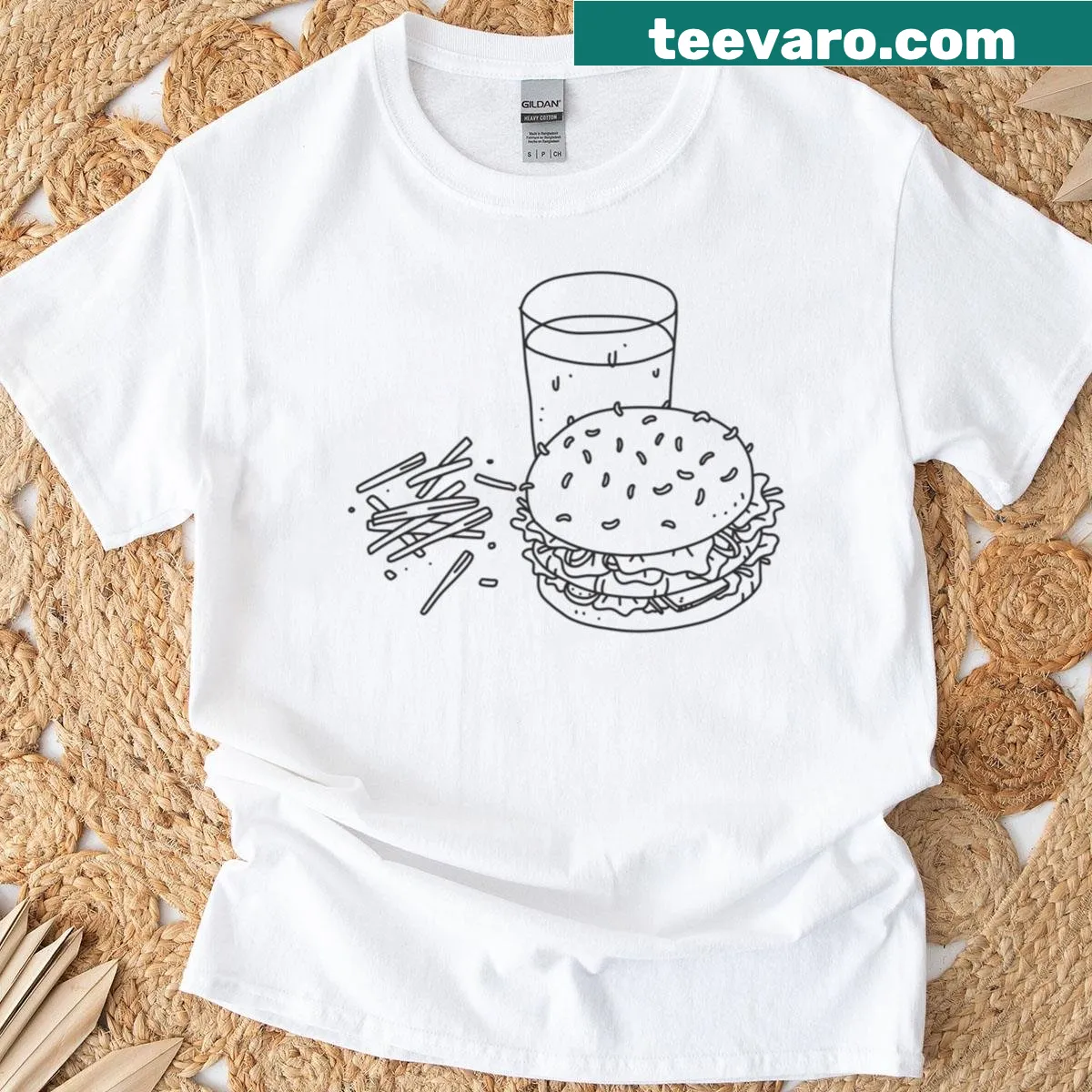 Minimalist line art design of a burger set on a T-shirt — on a men's t-shirt