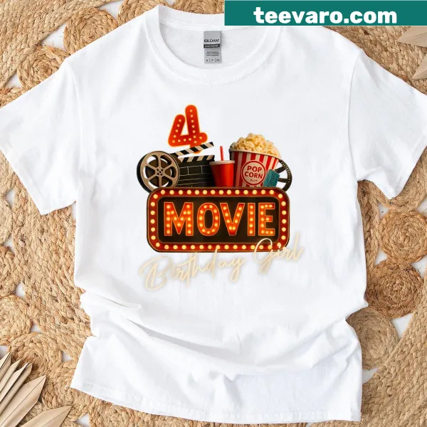 Movie night-themed birthday t-shirt for a girl, featuring popcorn and film graphics