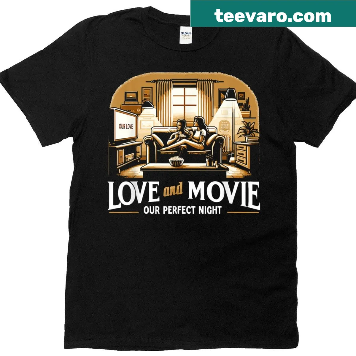 Couple movie night T-shirt with playful graphics — on a men's t-shirt