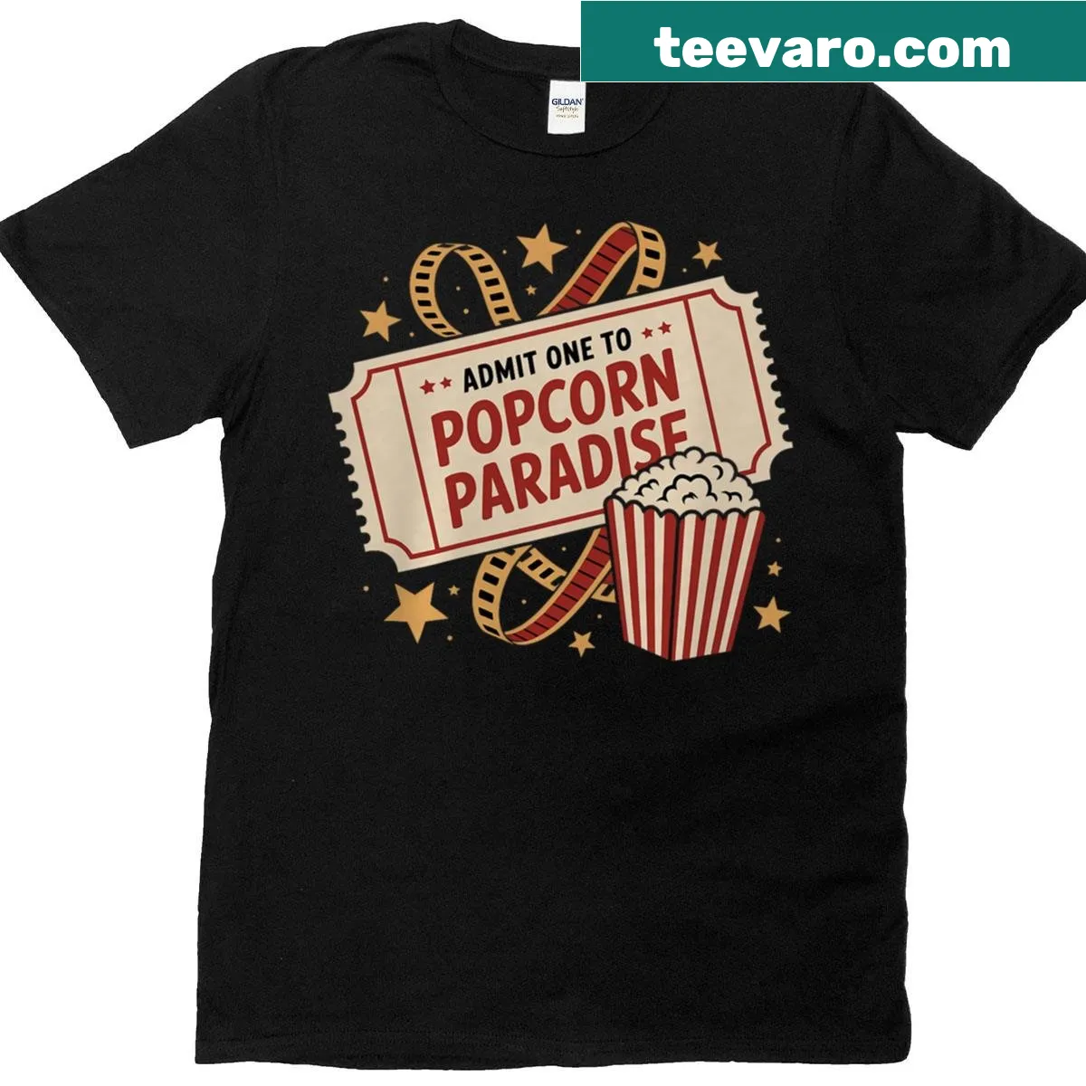 Vintage-style Movie Night T-shirt with ticket and popcorn graphics — on a men's t-shirt