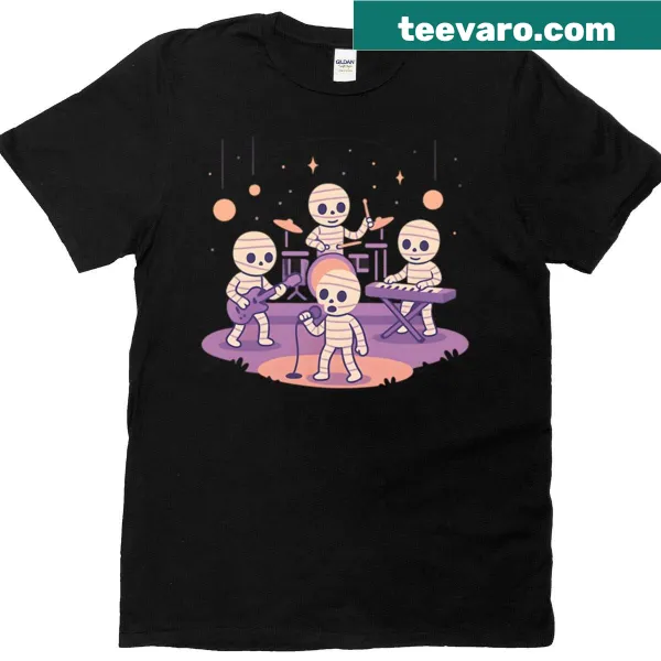Humorous T-shirt with a mummy band performing on stage.