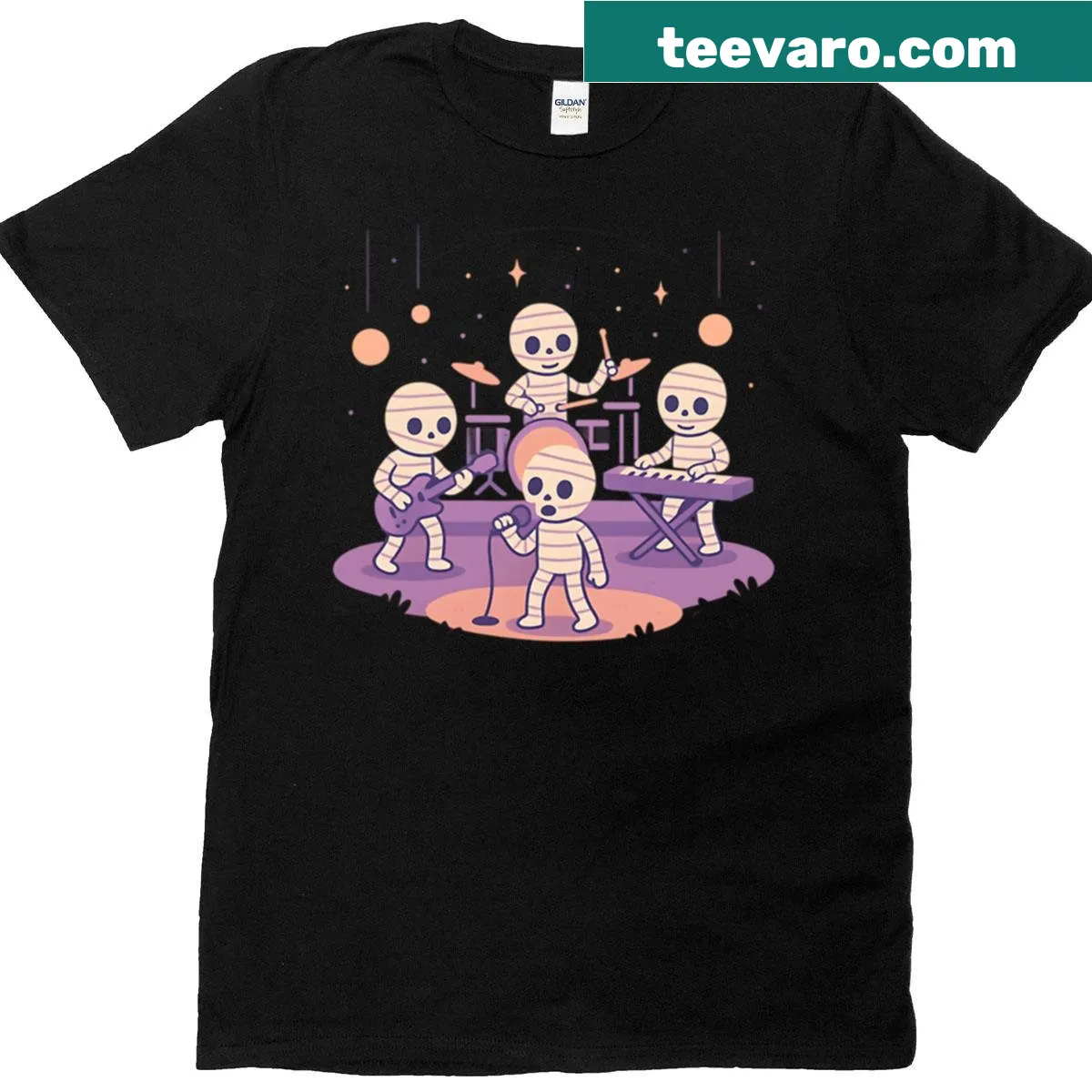 Humorous T-shirt with a mummy band performing on stage. — on a men's t-shirt
