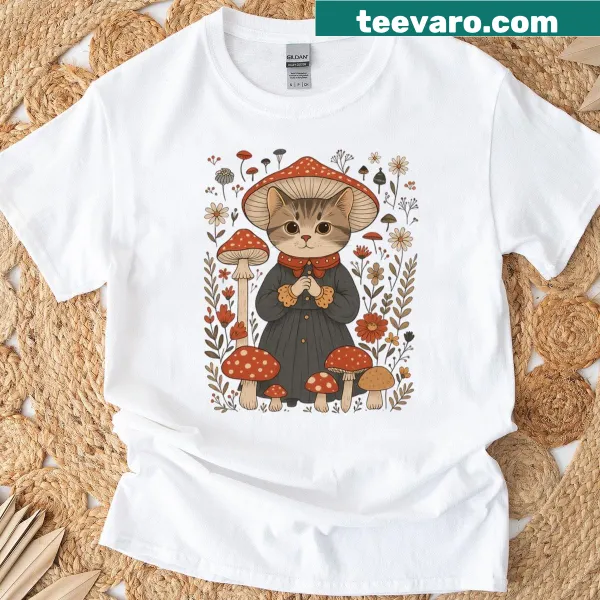 Whimsical forest cat illustration with mushrooms on a cozy T-shirt
