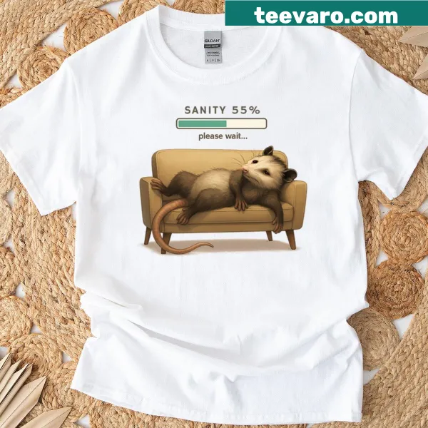 Cartoon opossum graphic with humorous loading text