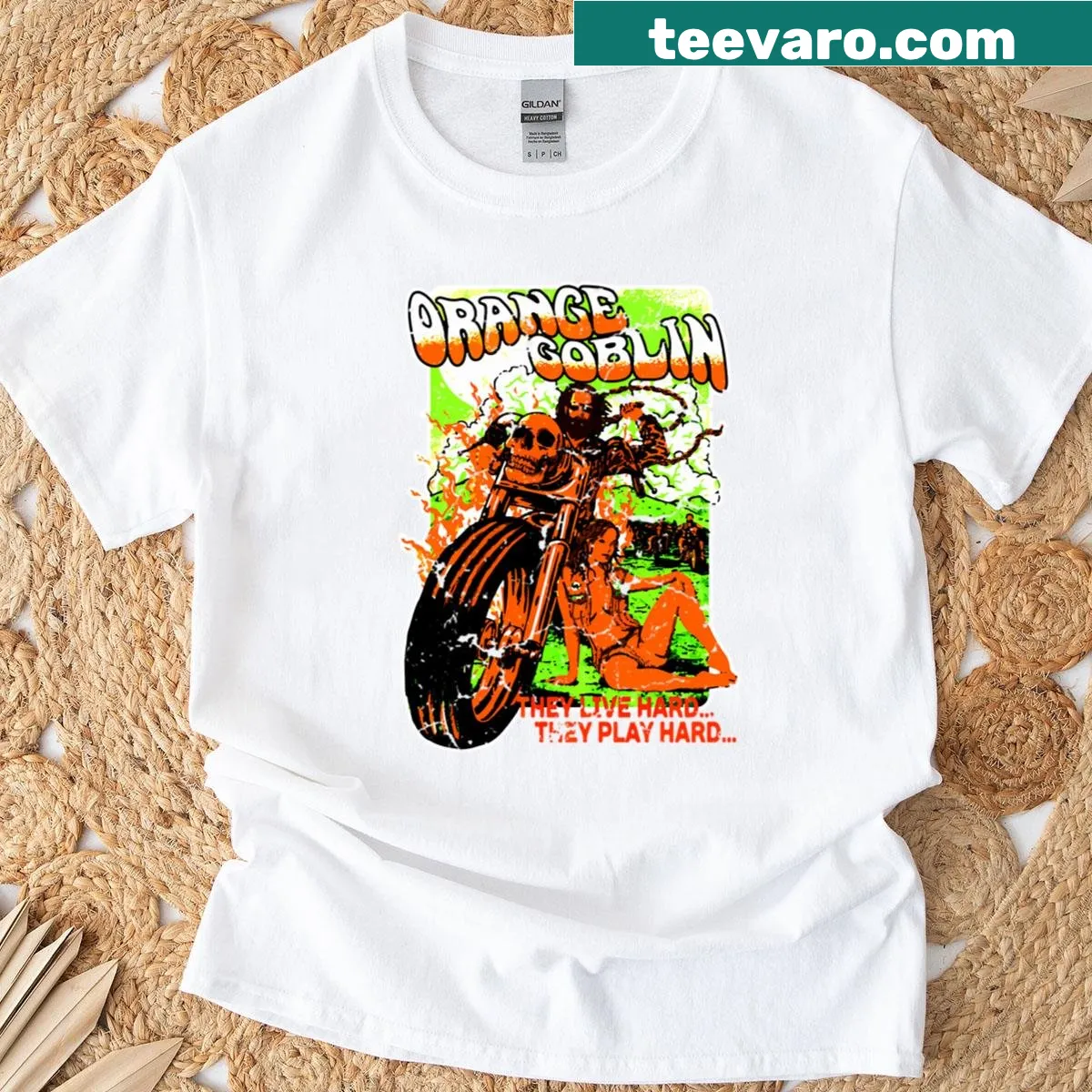 Whimsical goblin graphic on an orange t-shirt — on a men's t-shirt