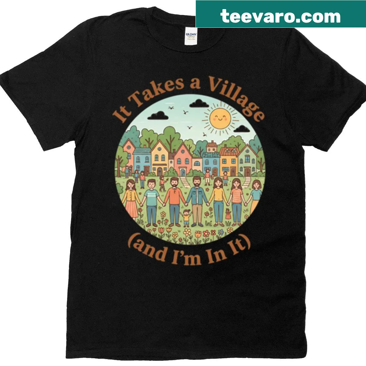 Positive community design t-shirt with It Takes A Village And I'm In It phrase — on a men's t-shirt