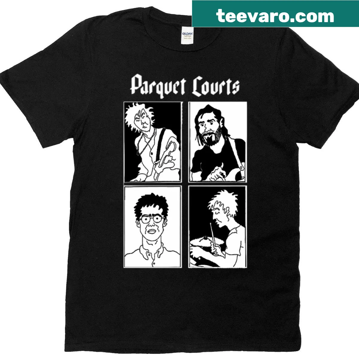 Original Band T-shirt featuring Parquet Courts name in bold typography — on a men's t-shirt