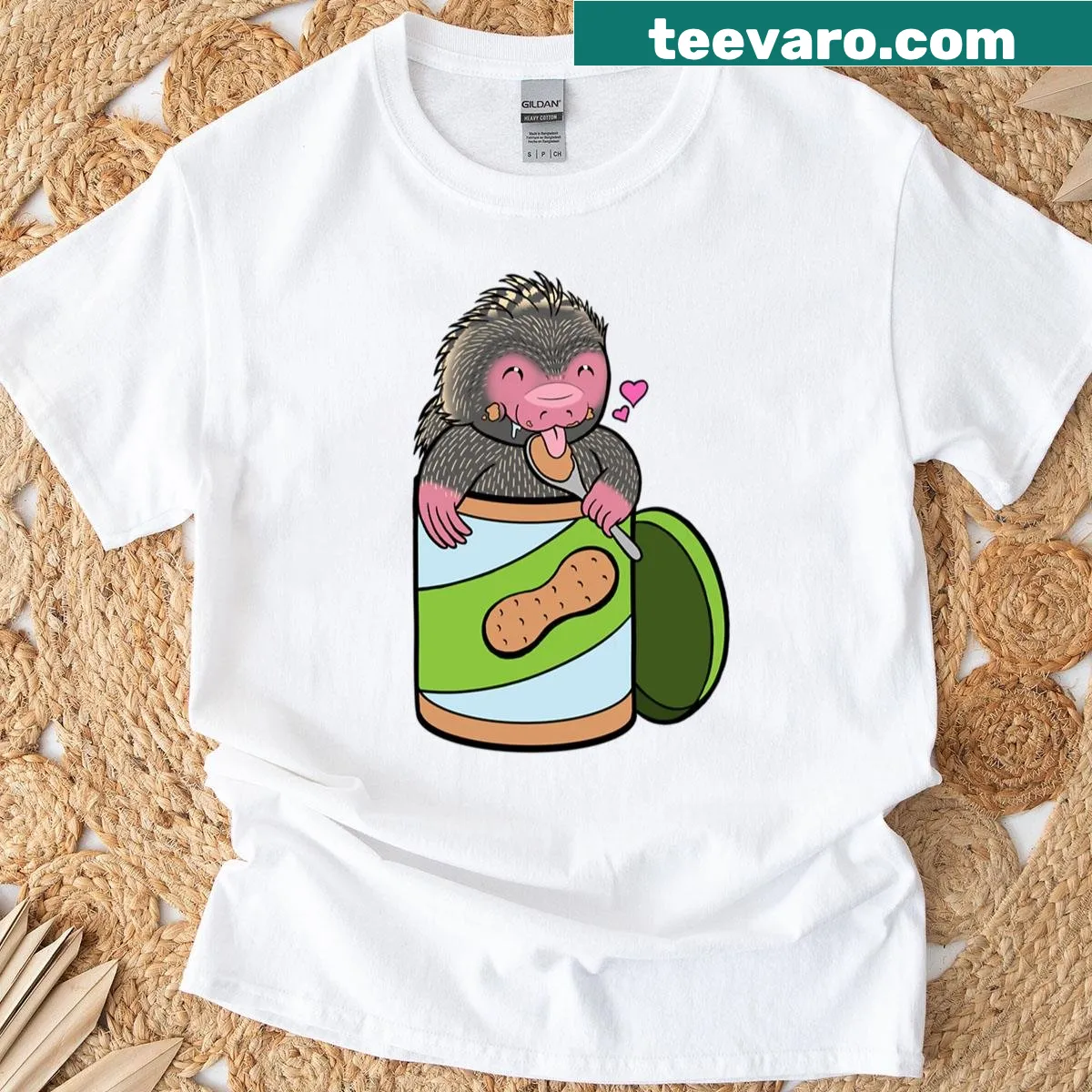 Oversized t-shirt with a cute porcupine eating peanut butter illustration — on a men's t-shirt