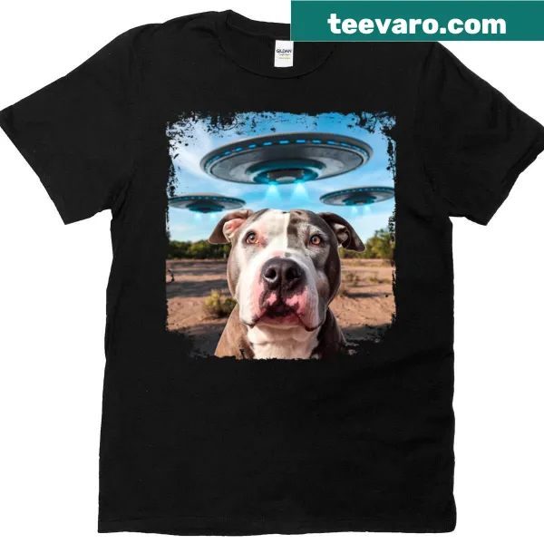 Playful pitbull and UFO design on a T-shirt