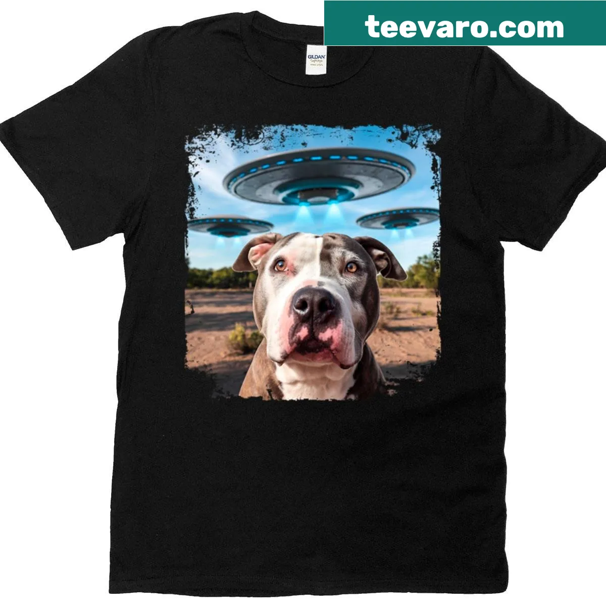 Playful pitbull and UFO design on a T-shirt — on a men's t-shirt
