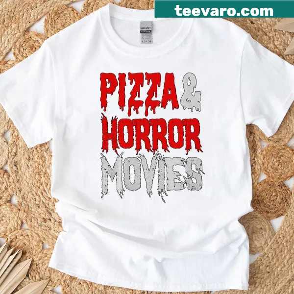 Funny graphic combining pizza and horror movies on a t-shirt