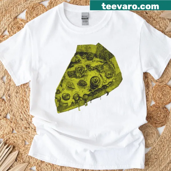 Cartoon print of a pizza slice on a T-shirt