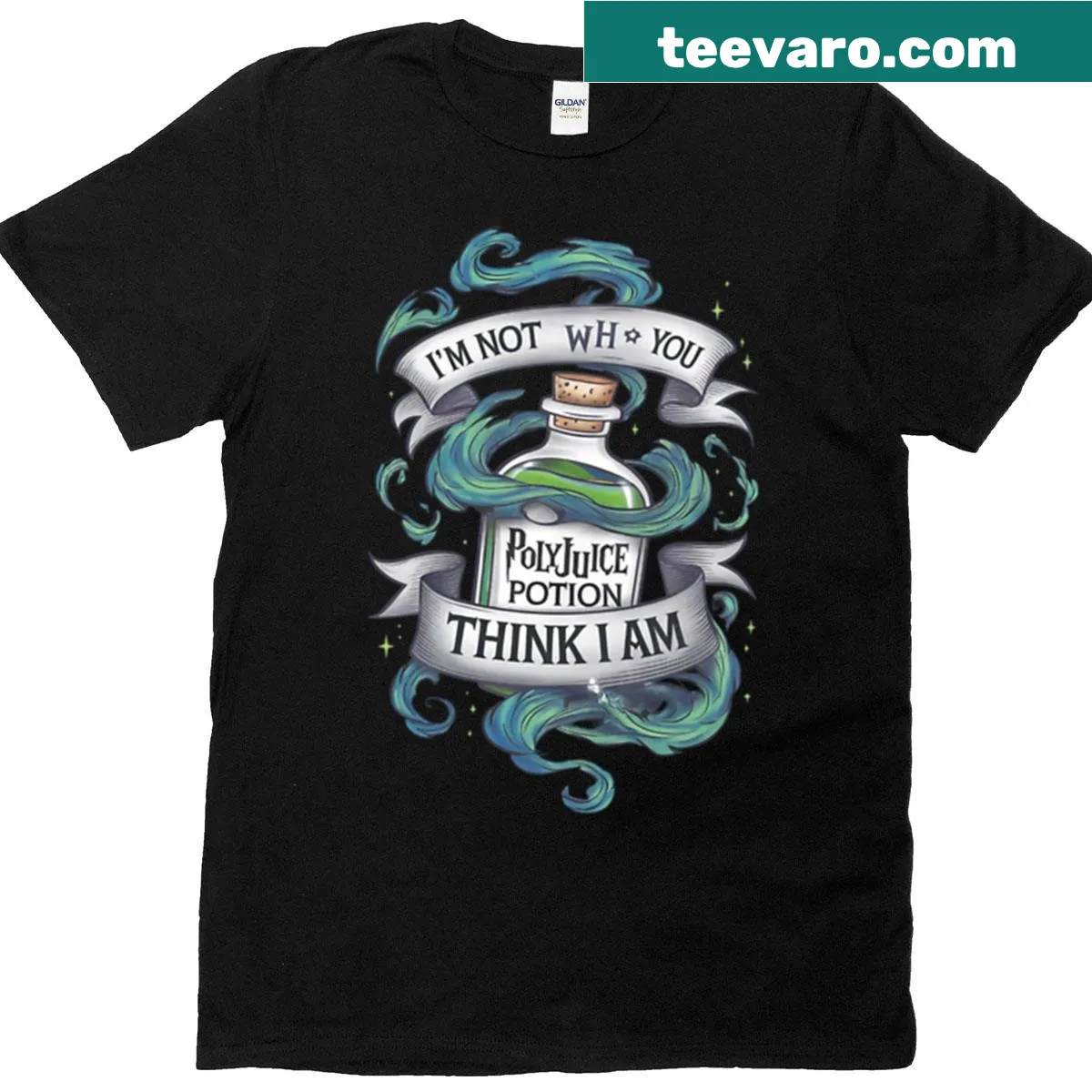 Text design featuring Polyjuice Potion theme — on a men's t-shirt