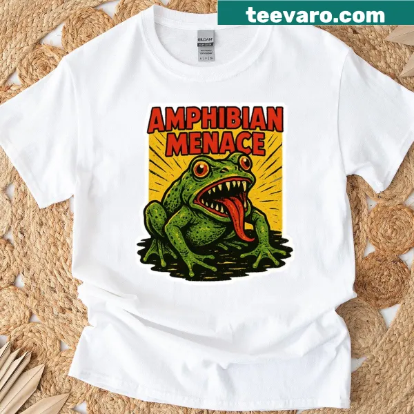 Retro pulp horror design featuring a frog on an oversized T-shirt