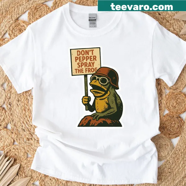 Cartoon frog with protest text on a t-shirt