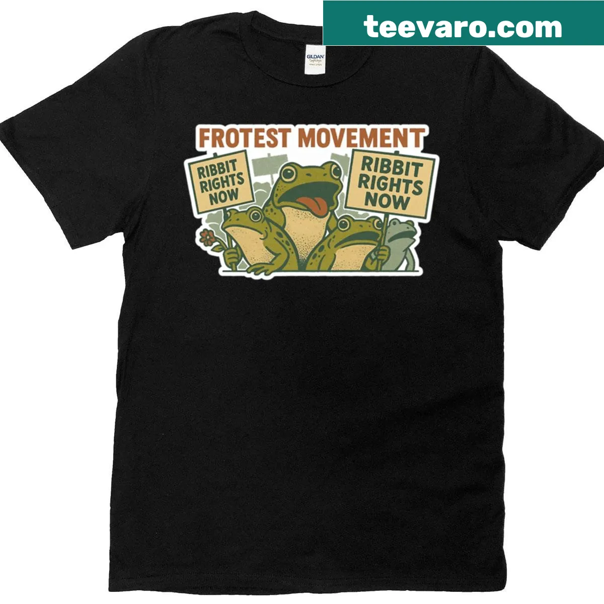Oversized T-shirt featuring a cartoon frog and protest sticker design. — on a men's t-shirt