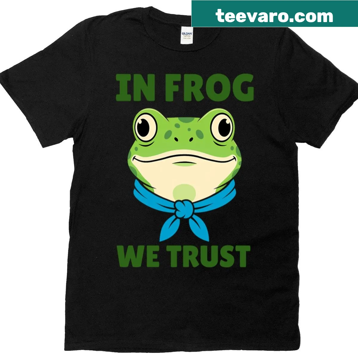 Cartoon T-shirt with a frog holding a protest sign that says 'In Frog We Trust'. — on a men's t-shirt