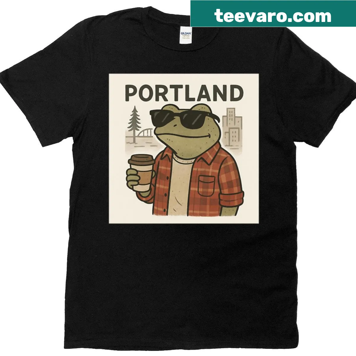 Quirky frog graphic on a T-shirt that reflects Portland street style — on a men's t-shirt