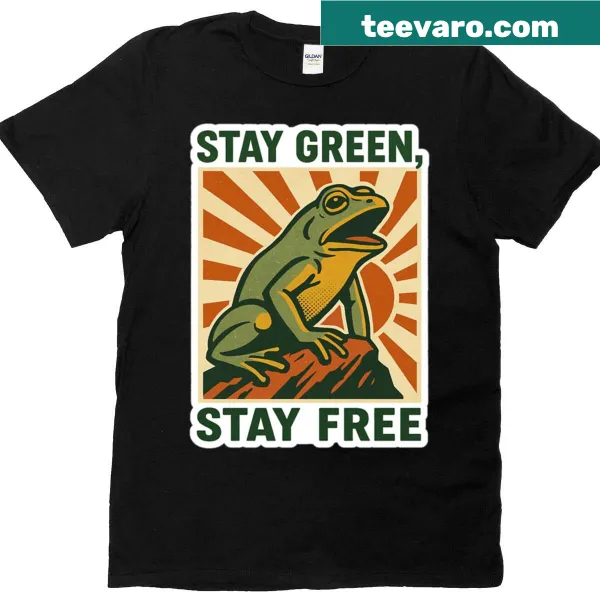 Retro protest t-shirt featuring a whimsical frog and environmental stickers