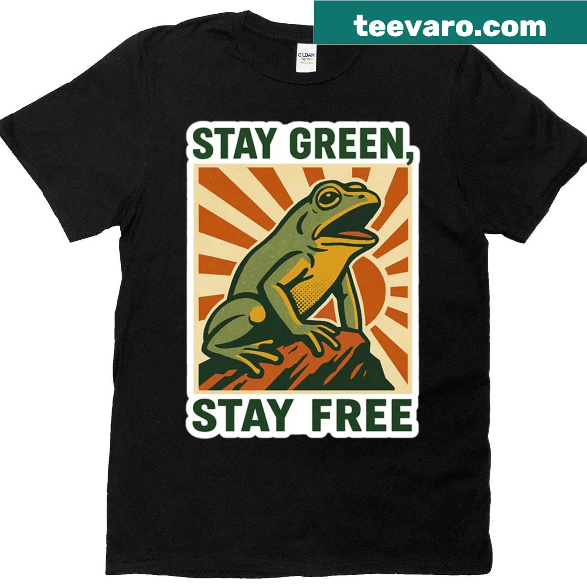 Retro protest t-shirt featuring a whimsical frog and environmental stickers — on a men's t-shirt
