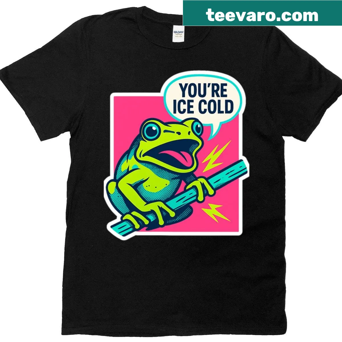 Retro T-shirt with a neon comic style frog character — on a men's t-shirt