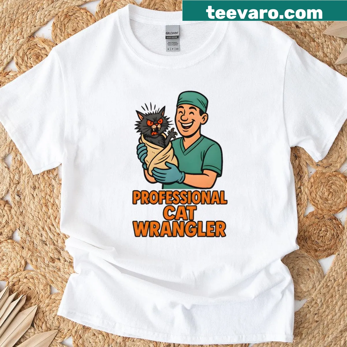 Funny cat wrangler shirt with playful cat graphic and humorous text — on a men's t-shirt