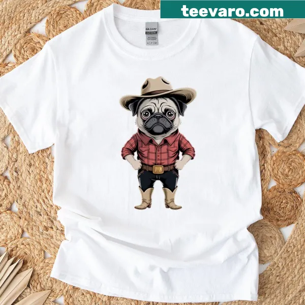 Cartoon pug dressed as a cowboy on a t-shirt.