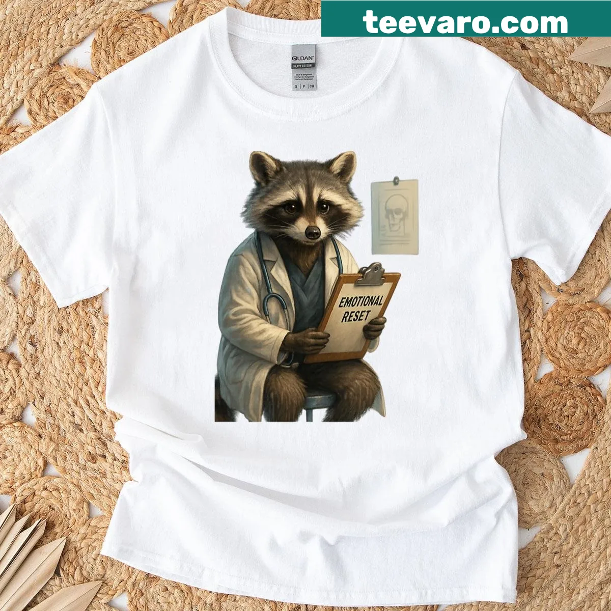 Raccoon in a doctor outfit with the text 'Emotional Reset' on a t-shirt. — on a men's t-shirt