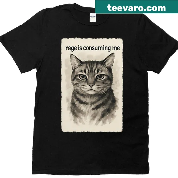 Sumi-e style cat graphic depicting humorous rage on T-shirt