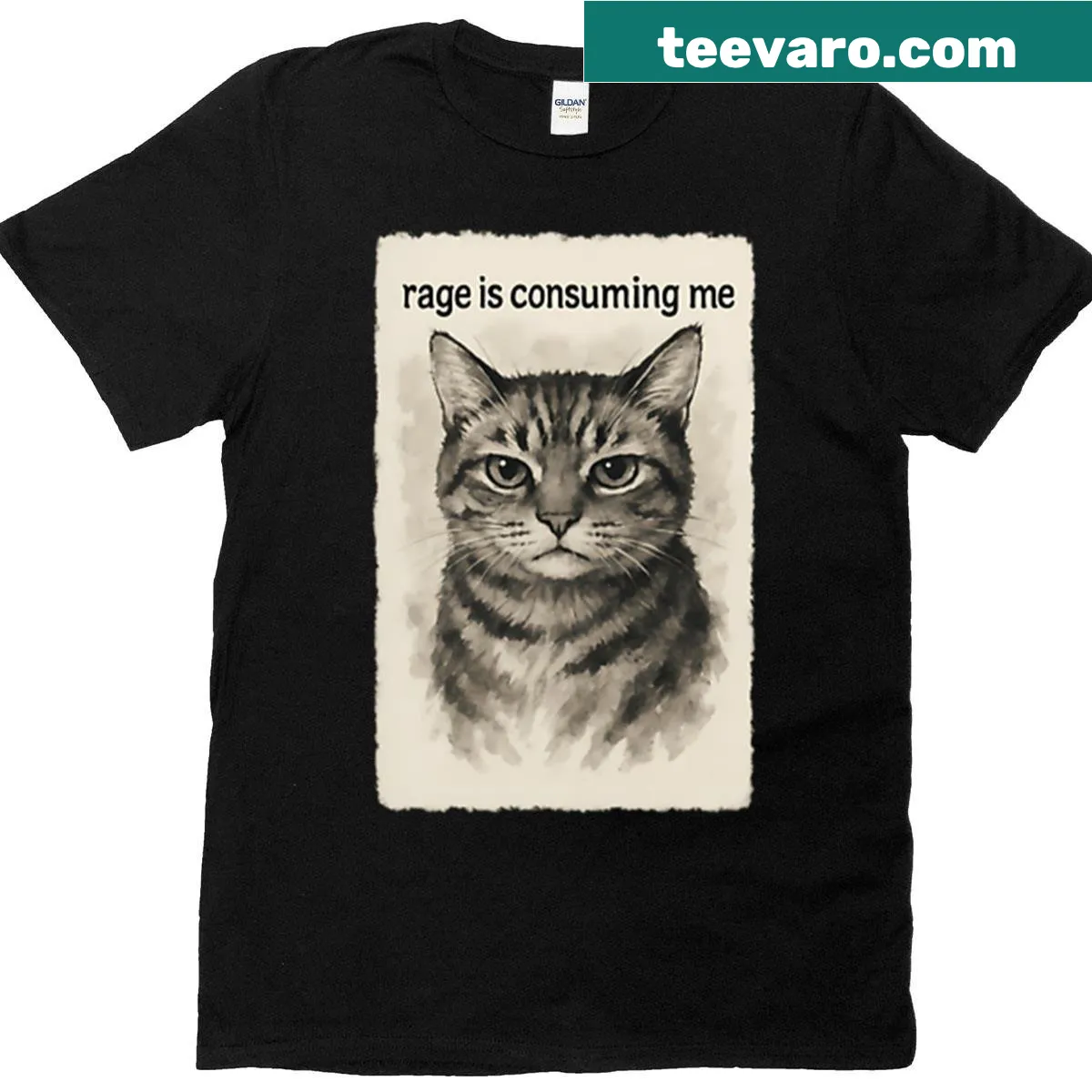 Sumi-e style cat graphic depicting humorous rage on T-shirt — on a men's t-shirt