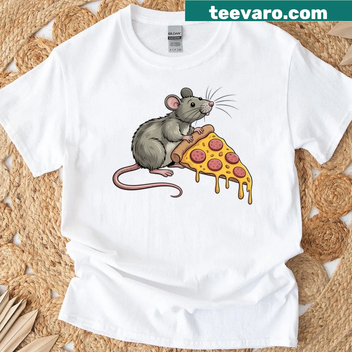 Funny rat and pizza graphic t-shirt — on a men's t-shirt