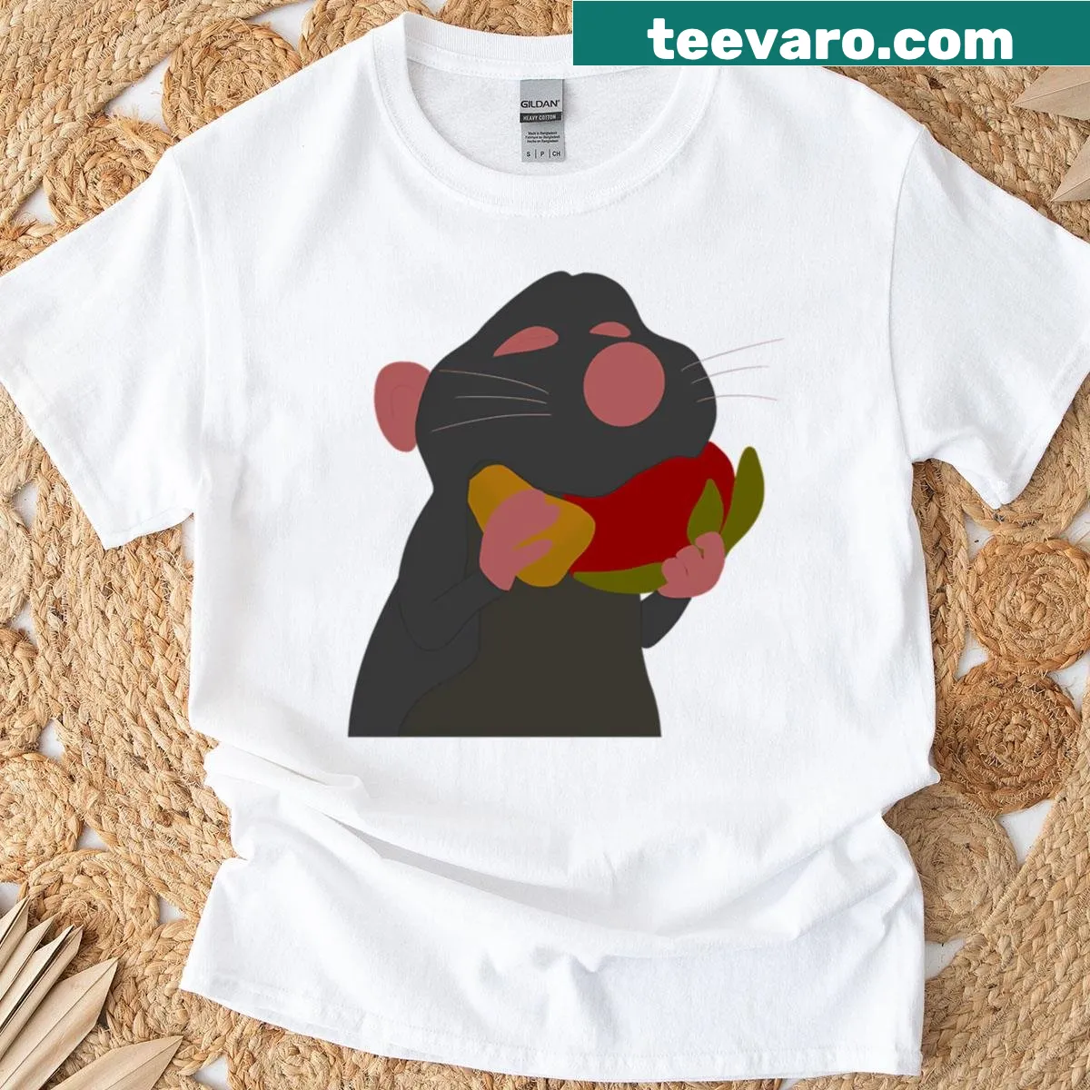 Graphic T-shirt of Remy from Ratatouille with fruits and cheese — on a men's t-shirt