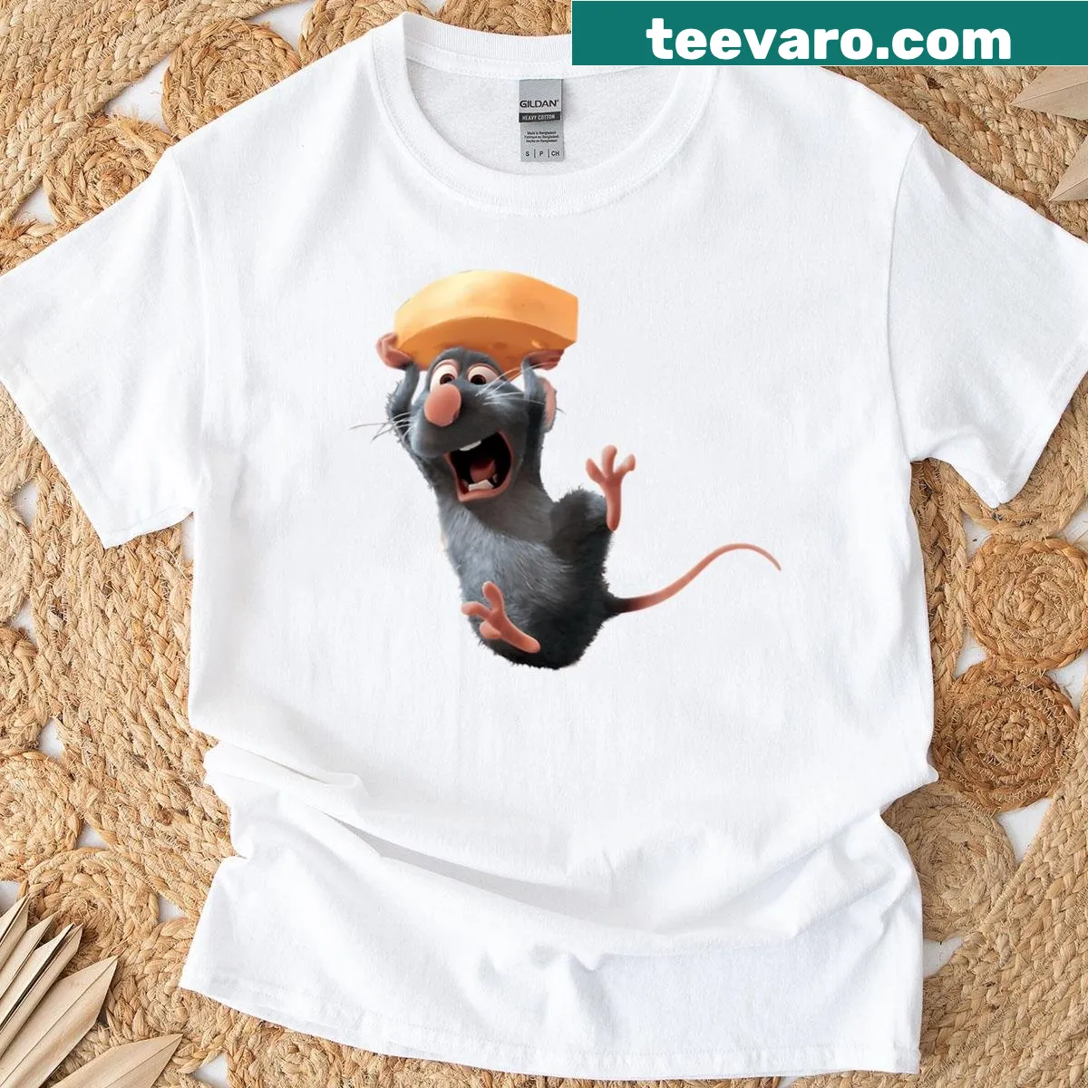 Cartoon graphic of Remy the Rat from Ratatouille on a T-shirt — on a men's t-shirt