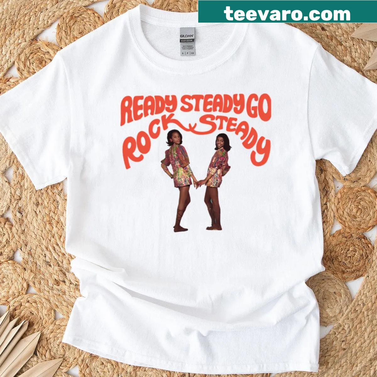 Typography design stating Ready Steady Go Rocksteady on T-shirt — on a men's t-shirt