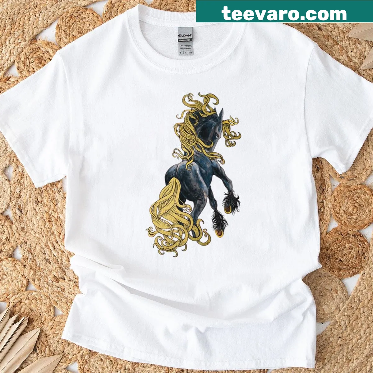 T-shirt featuring a rearing black horse illustration — on a men's t-shirt