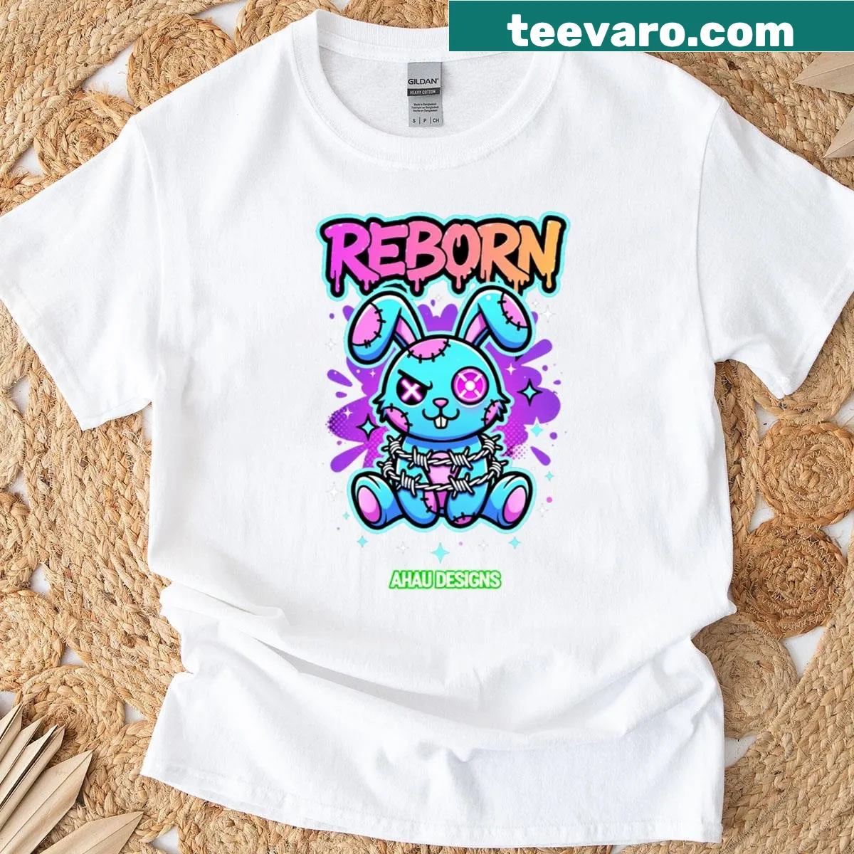 Cartoon bunny graphic T-shirt with urban design — on a men's t-shirt